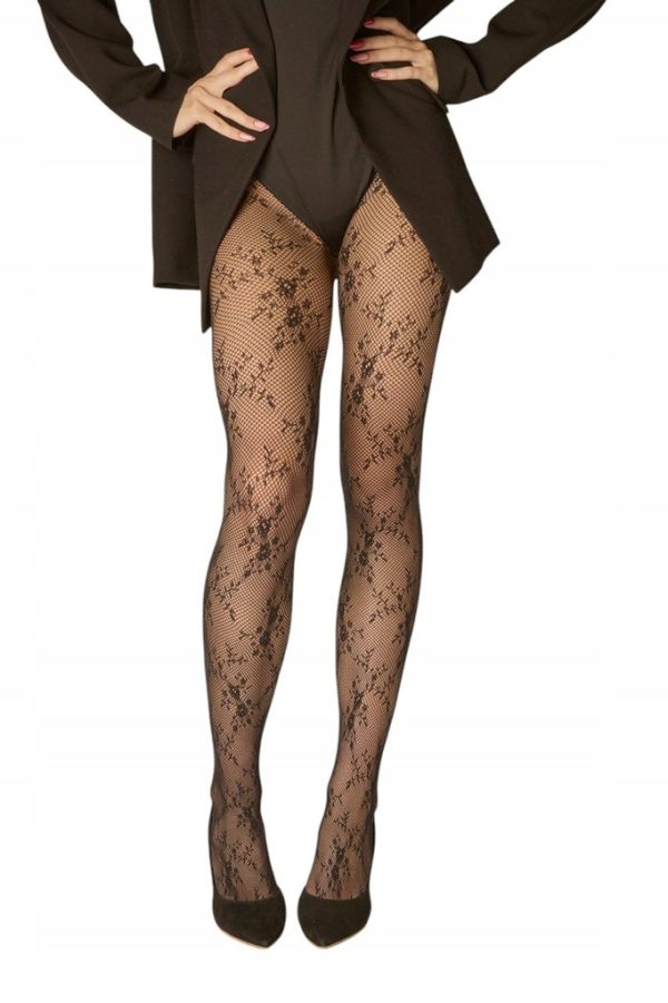 NOWA KOLEKCJA Rajstopy kabaretki we wzór gotyckie kwiaty AŻUROWE CZARNE 3/4