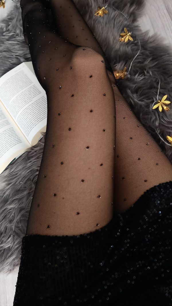 Rajstopy BŁYSZCZĄCE kropeczki Lurex CZARNE MIENIĄCE SIĘ Francesca